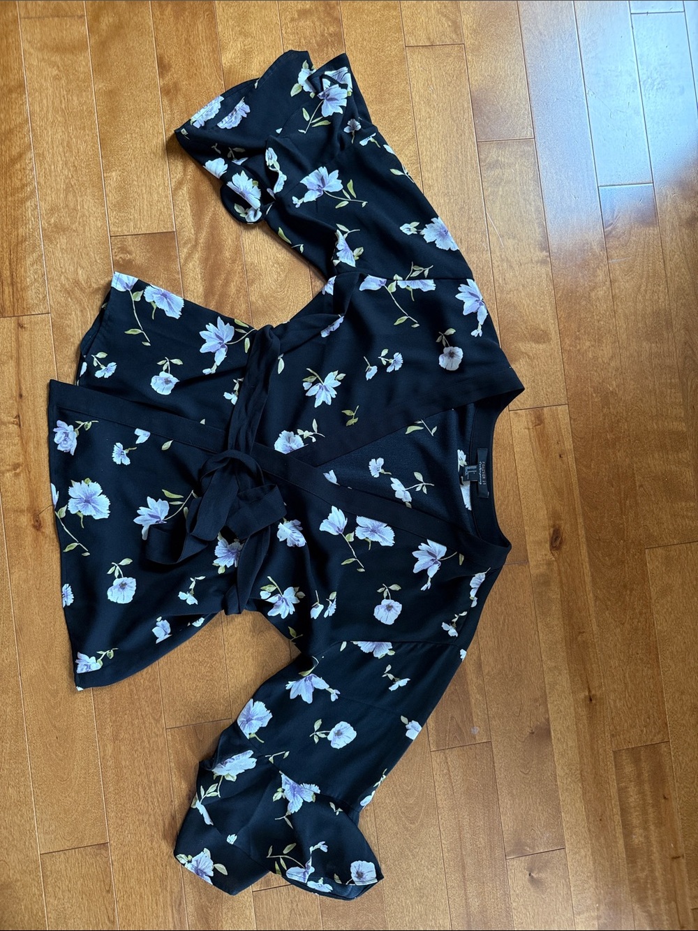 Black Floral crop kimono Wrap Top with Tie Waist